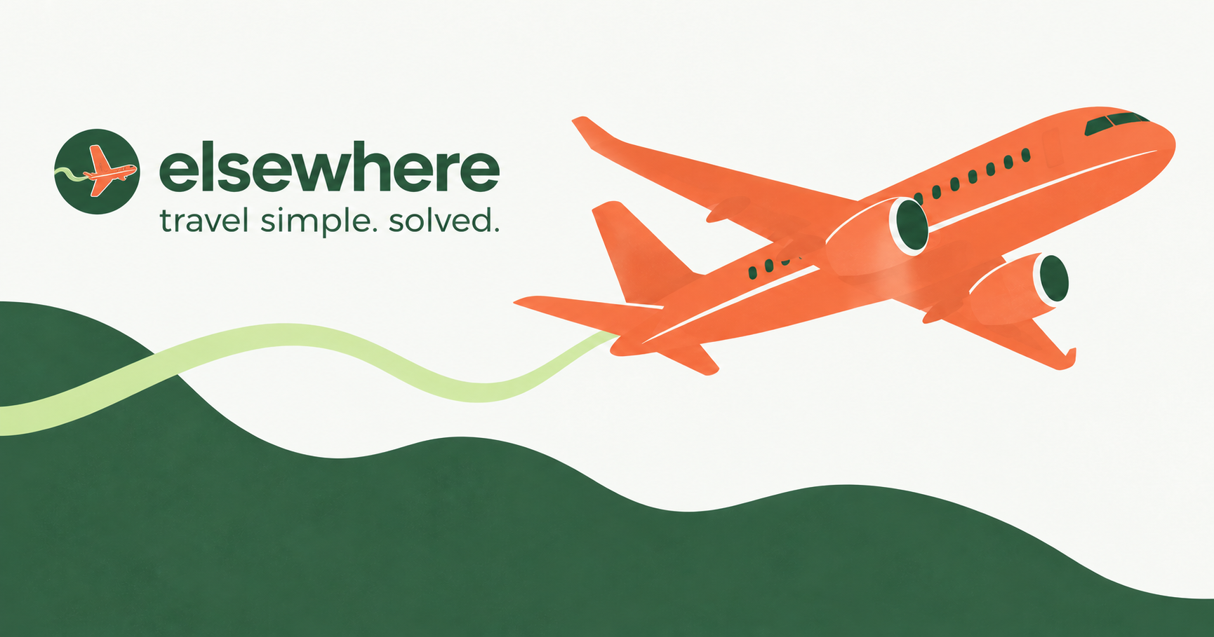 Elsewhere brand illustration: a coral airplane with a green flight trail over rolling hills